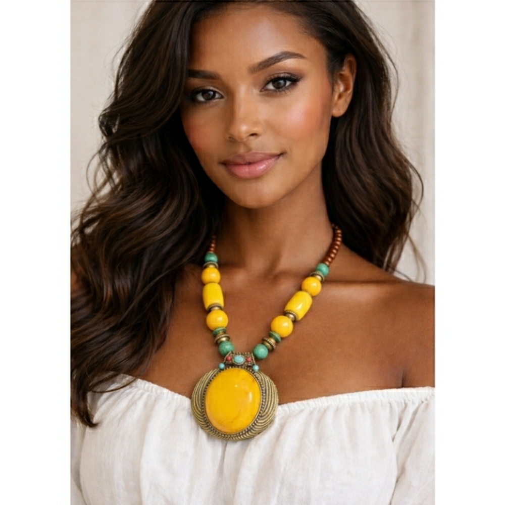 Bohemian Necklace Large Yellow Cabochon Pendant Glows